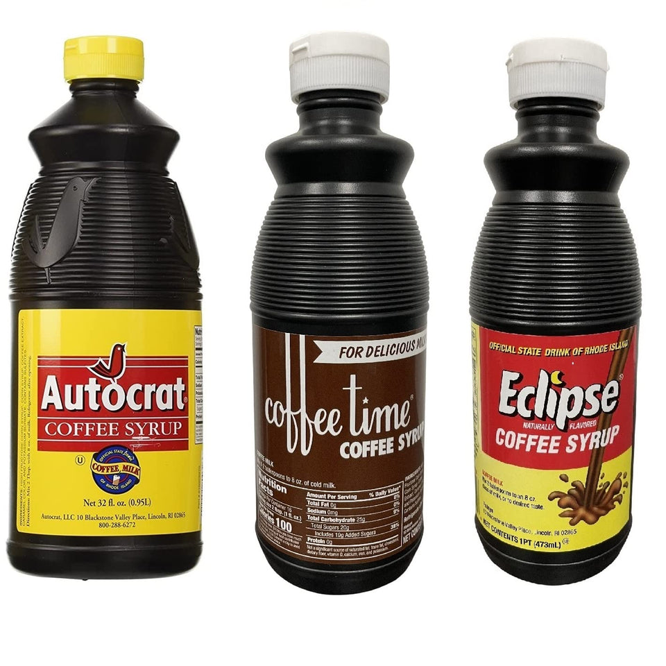 Autocrat 32oz coffee syrup bottle on the counter for home brews.