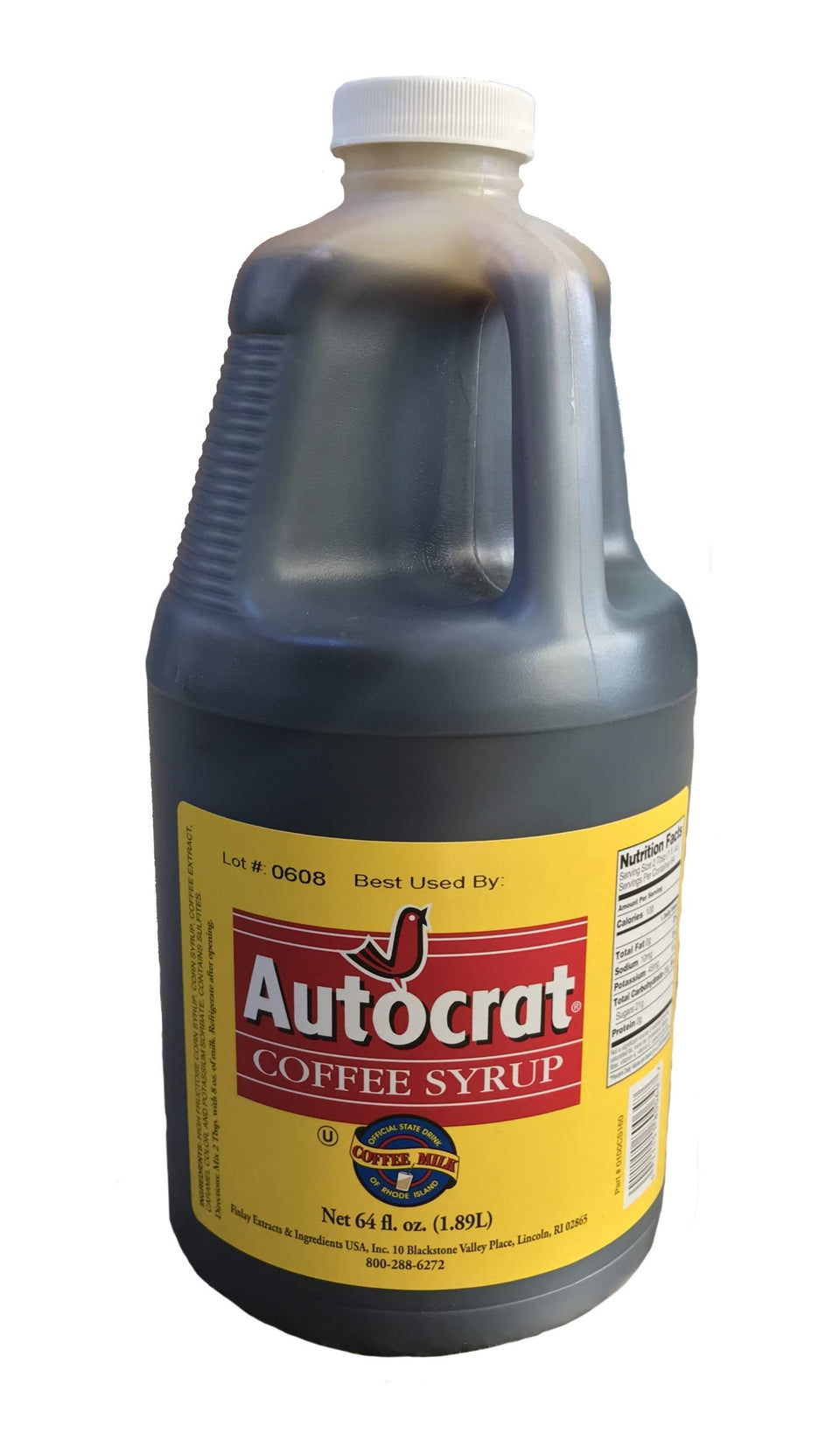 Autocrat Coffee Syrup 64oz bottle for rich coffee milk and dessert toppings.