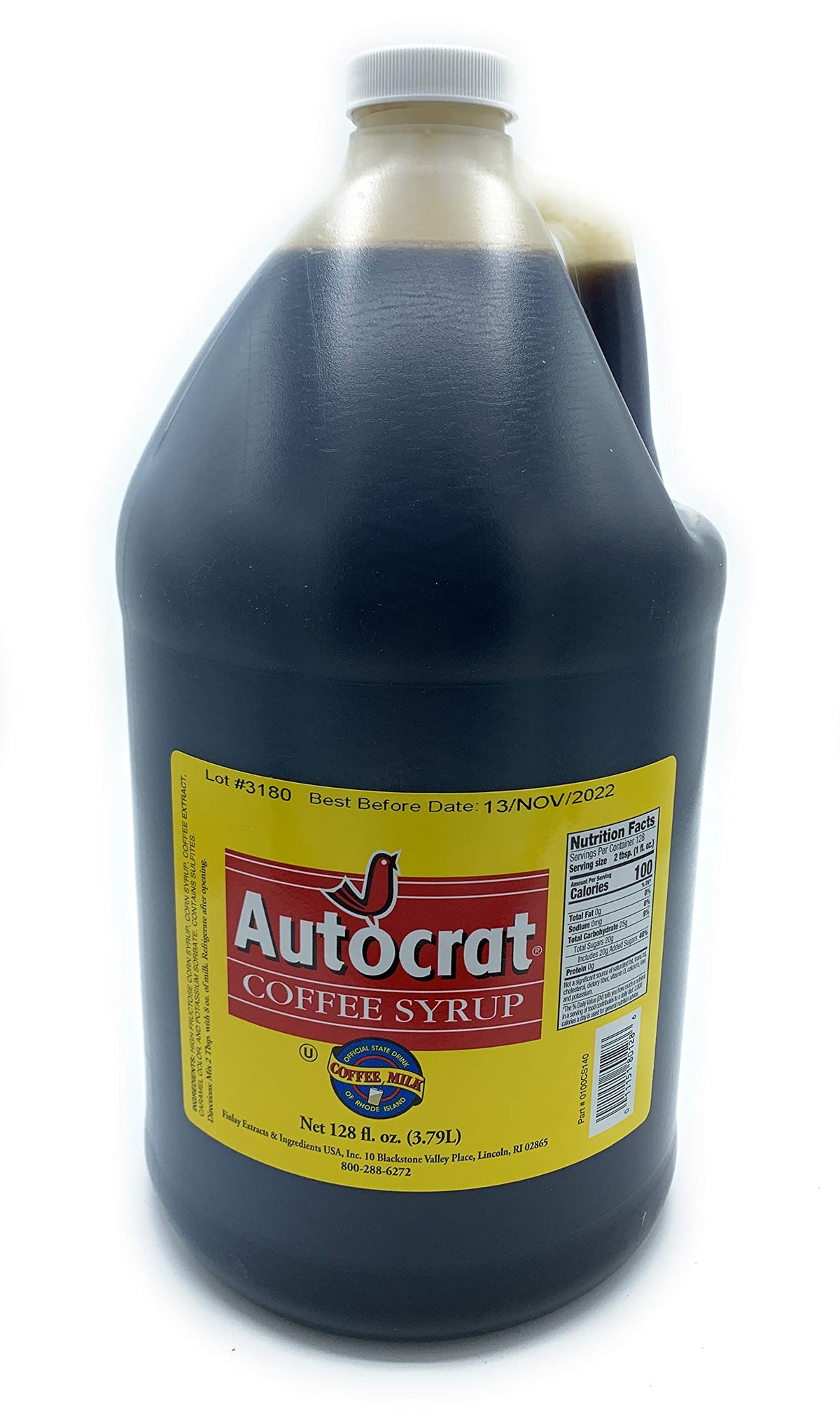 Autocrat Coffee Syrup gallon bottle pour for cafe-style coffee at home.