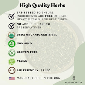 Autoimmuni-Tea dandelion leaf adds earthy aroma and color.