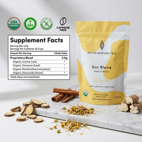 Autoimmuni-Tea leaky gut blend bottle highlighting marshmallow and licorice roots for gut comfort.