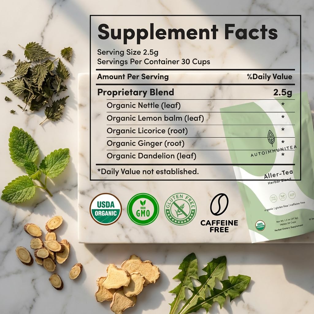 Autoimmuni-Tea organic lemon balm and ginger ingredients shown.