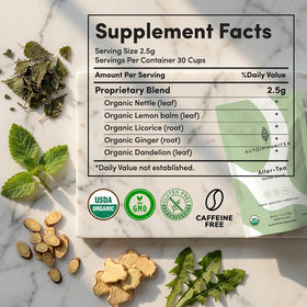 Autoimmuni-Tea organic lemon balm and ginger ingredients shown.