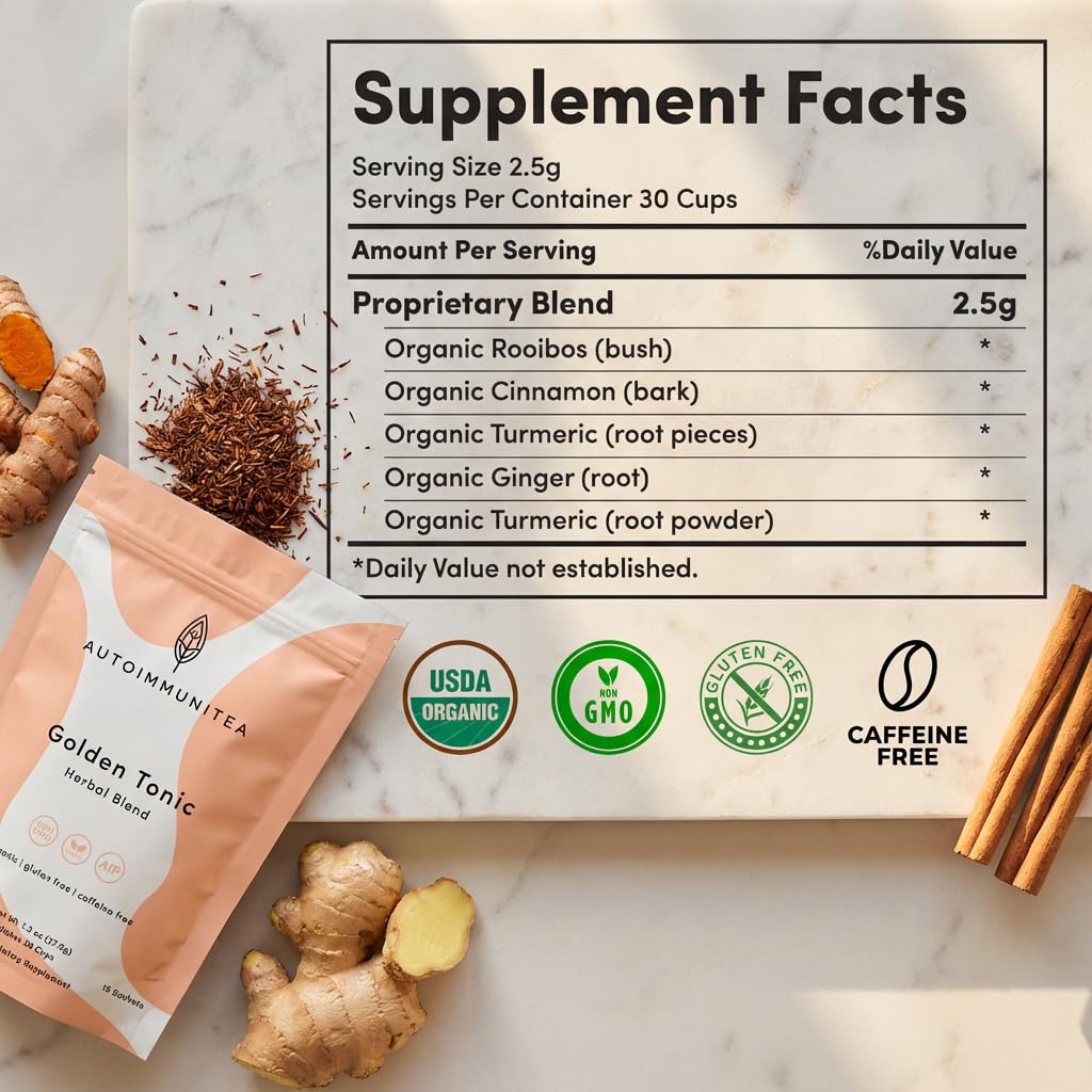 Autoimmuni-Tea turmeric-ginger-tea cup with steam inviting a soothing caffeine-free moment.