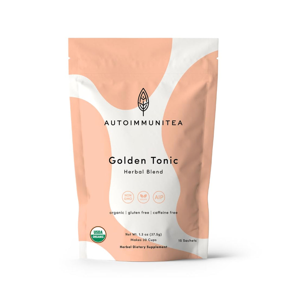 Autoimmuni-Tea turmeric-ginger-tea packaging highlights organic ingredients for a clean daily ritual.