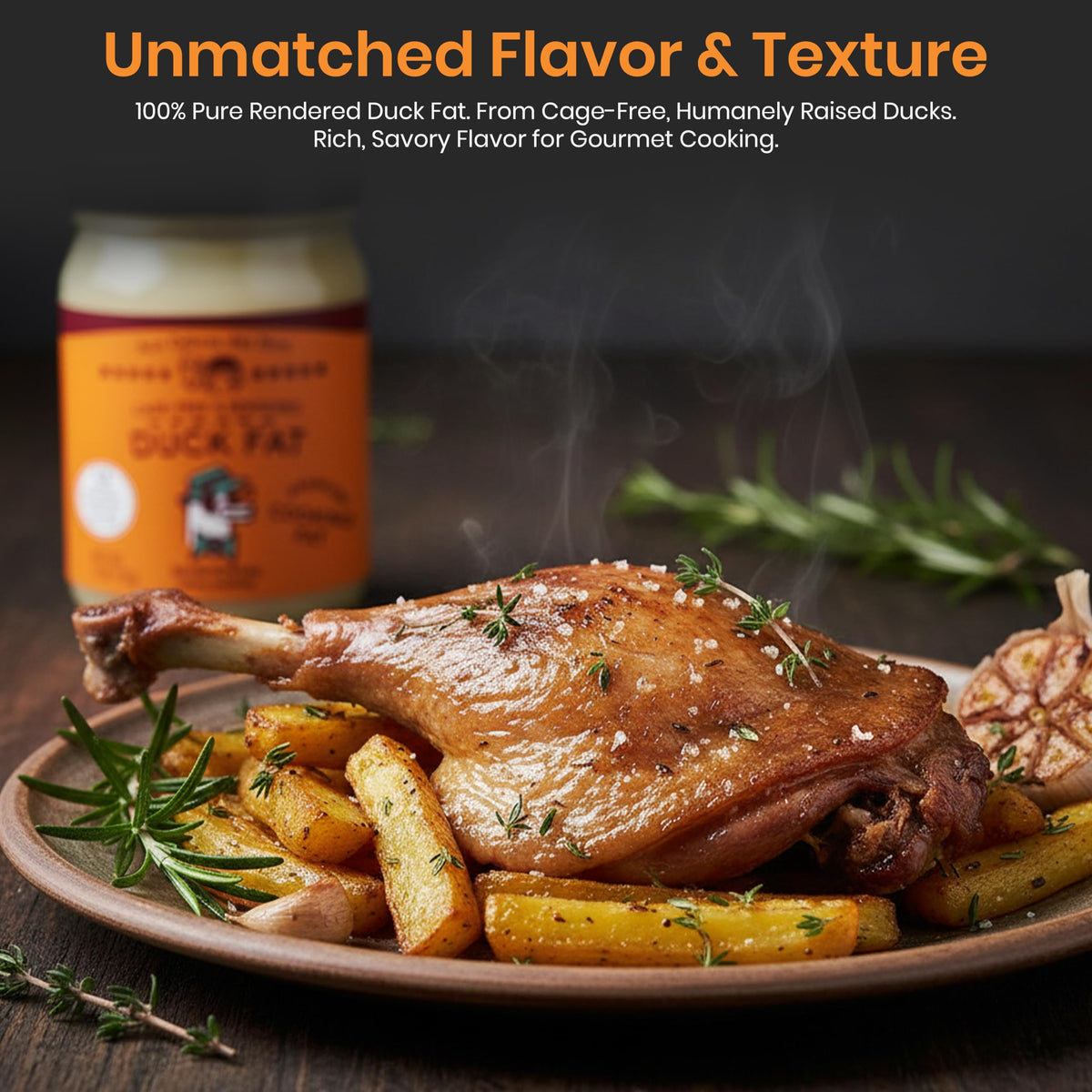 Aux Delices des Bois duck fat in a pan ideal for sautéing and flavorful searing.