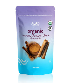 Close-up of Ava Organics Cinnamon Coconut Crispy Rollers texture showing golden baked crunch.