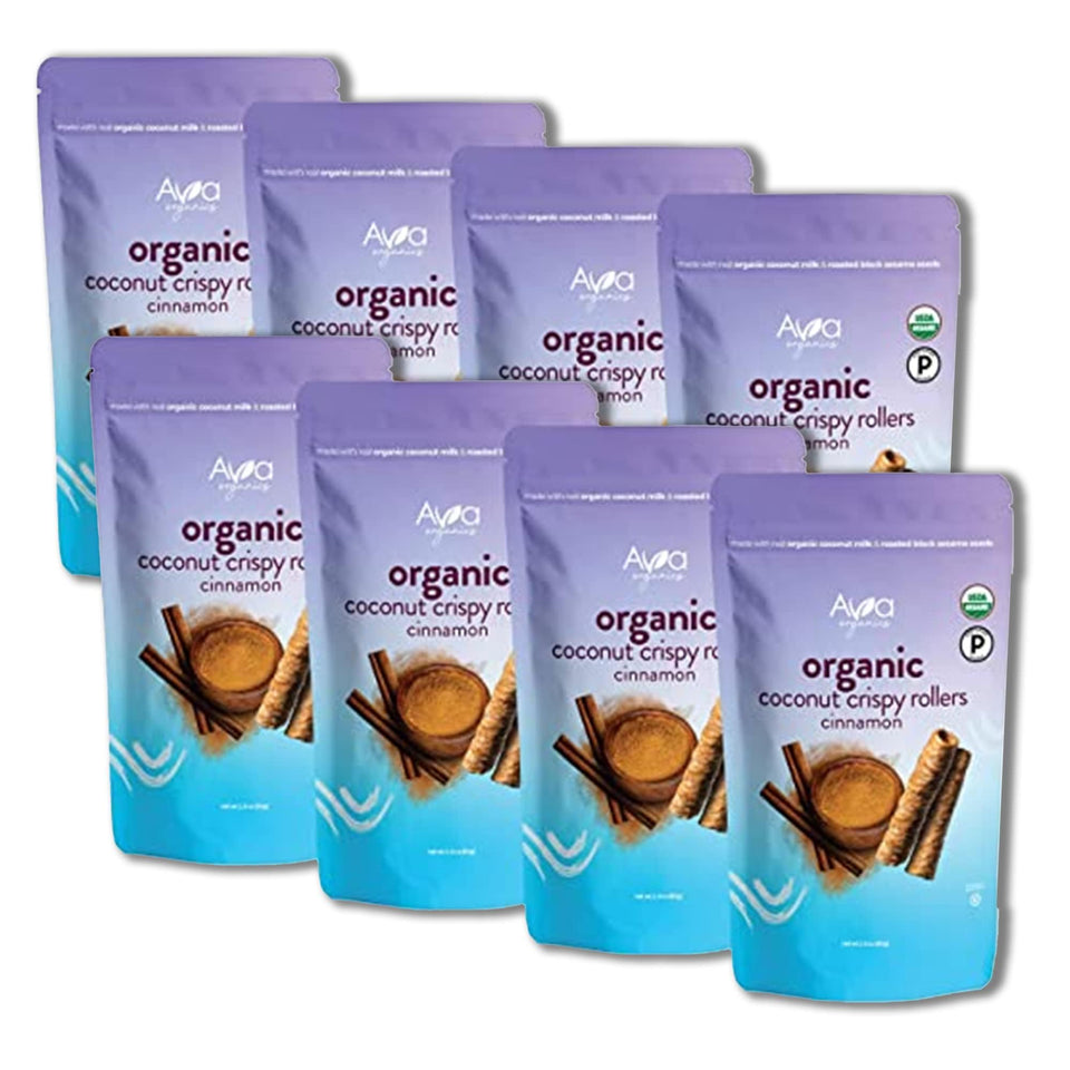 Ava Organics Cinnamon Coconut Crispy Rollers pack of 8, gluten-free and paleo-friendly.