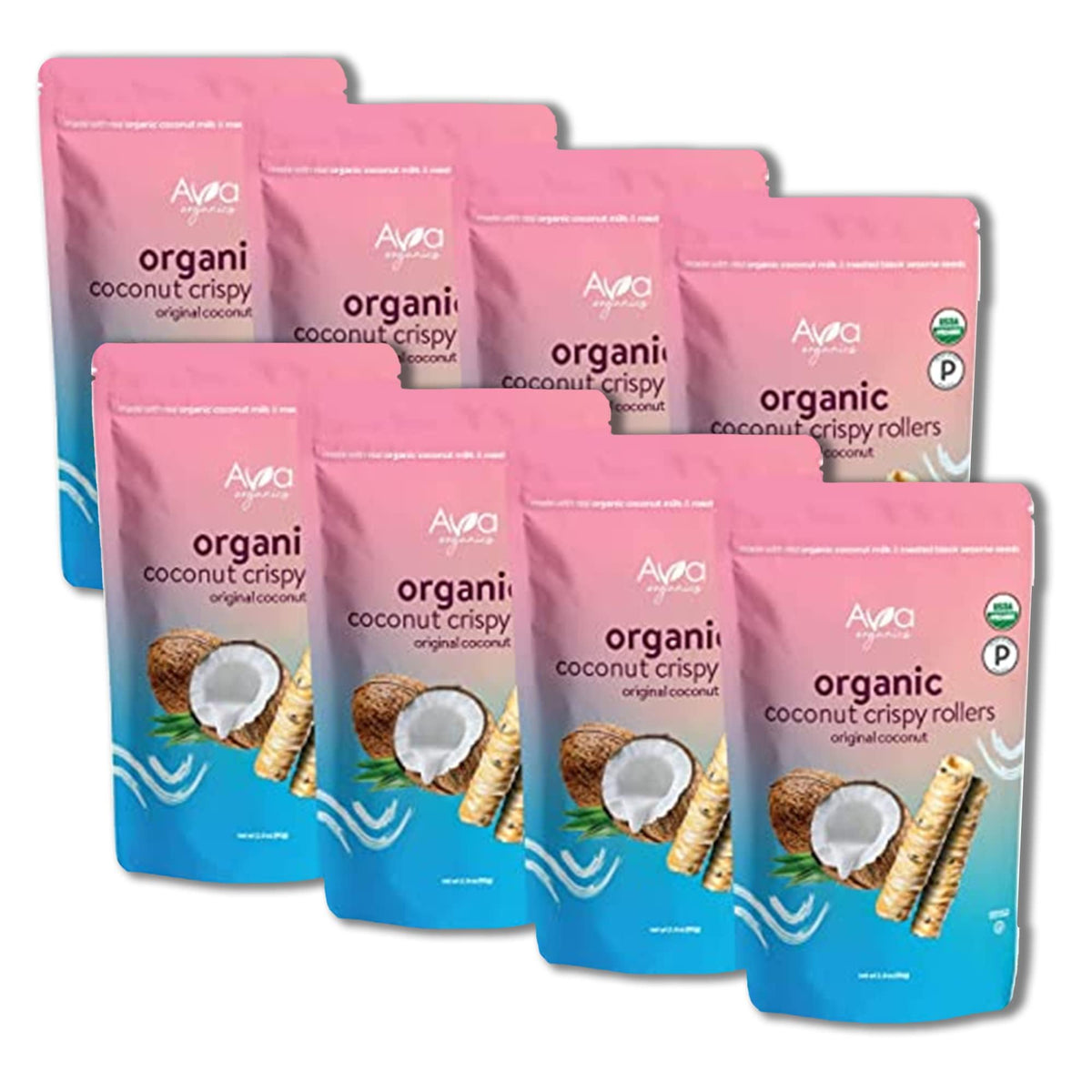 Ava Organics Original Coconut Crispy Rollers packaging, convenient gluten-free snack for busy days.