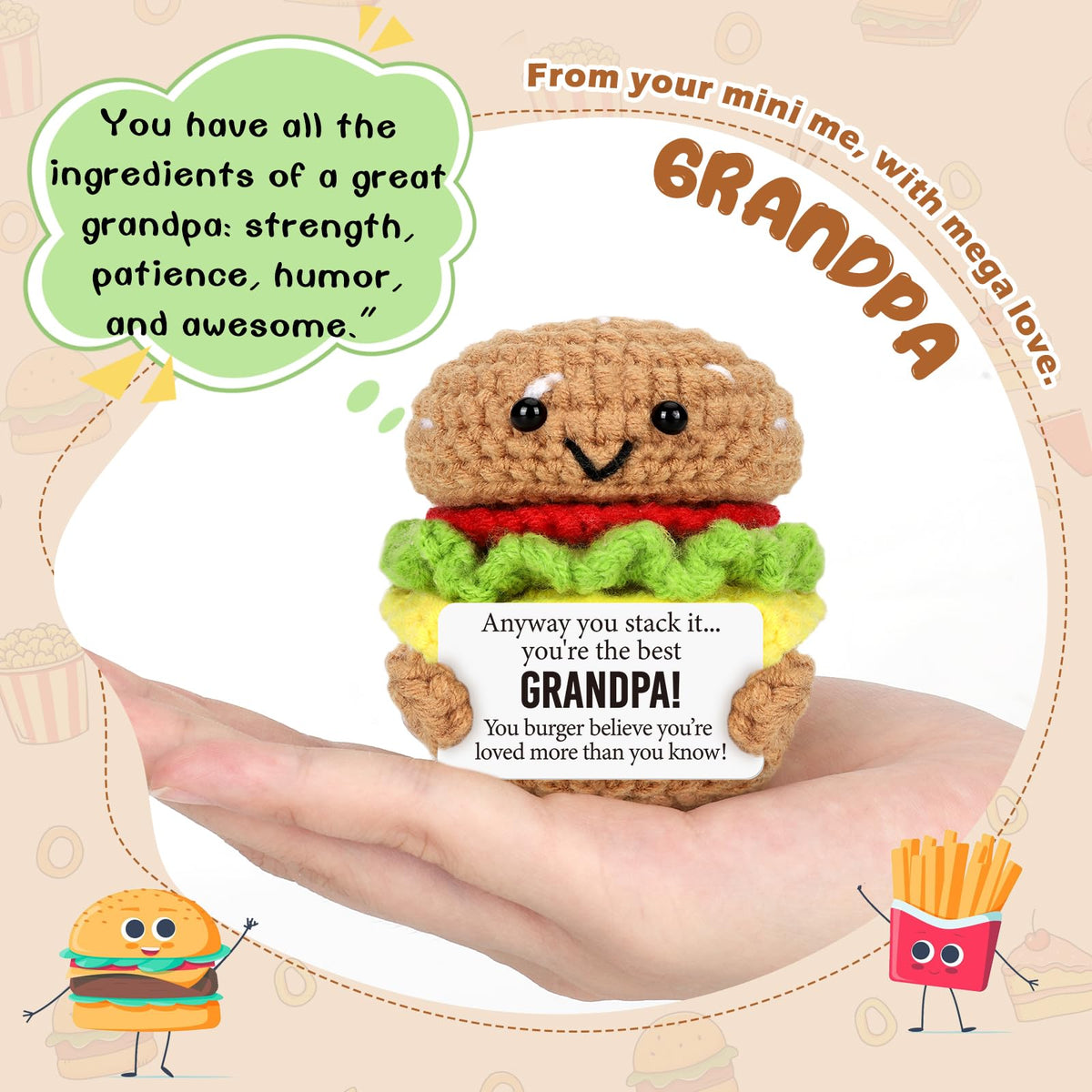 Gift basket ready AVBODA crochet burger with charming packaging.