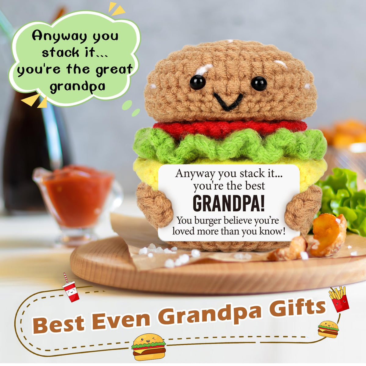 Grandkids gifting AVBODA burger to Grandpa, a grateful gesture.