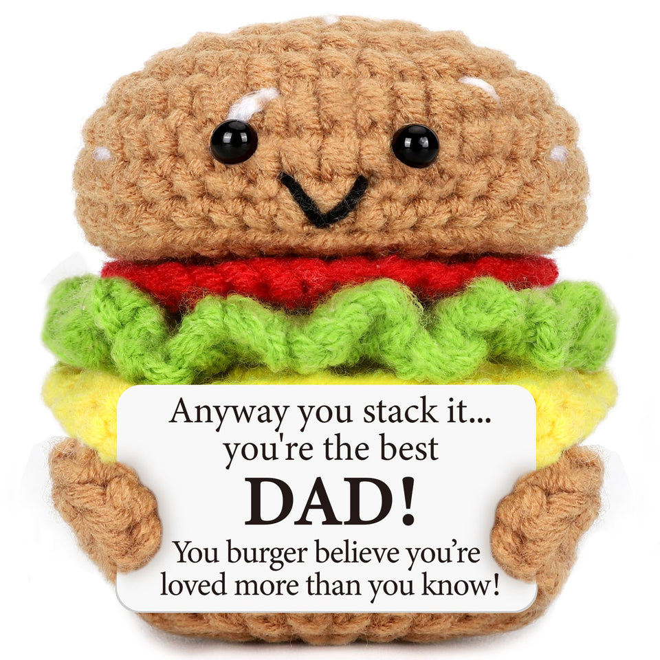 AVBODA mini crochet burger front view, a playful dad gift for desks and shelves.