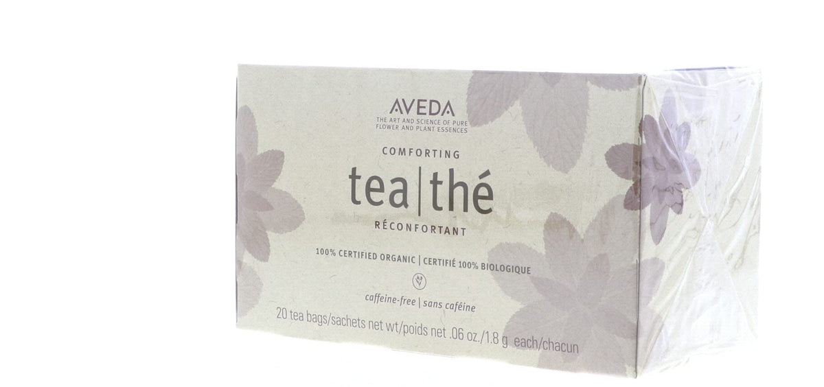 Aveda Comforting Tea Bags back displays ingredients and certifications for clean sourcing.