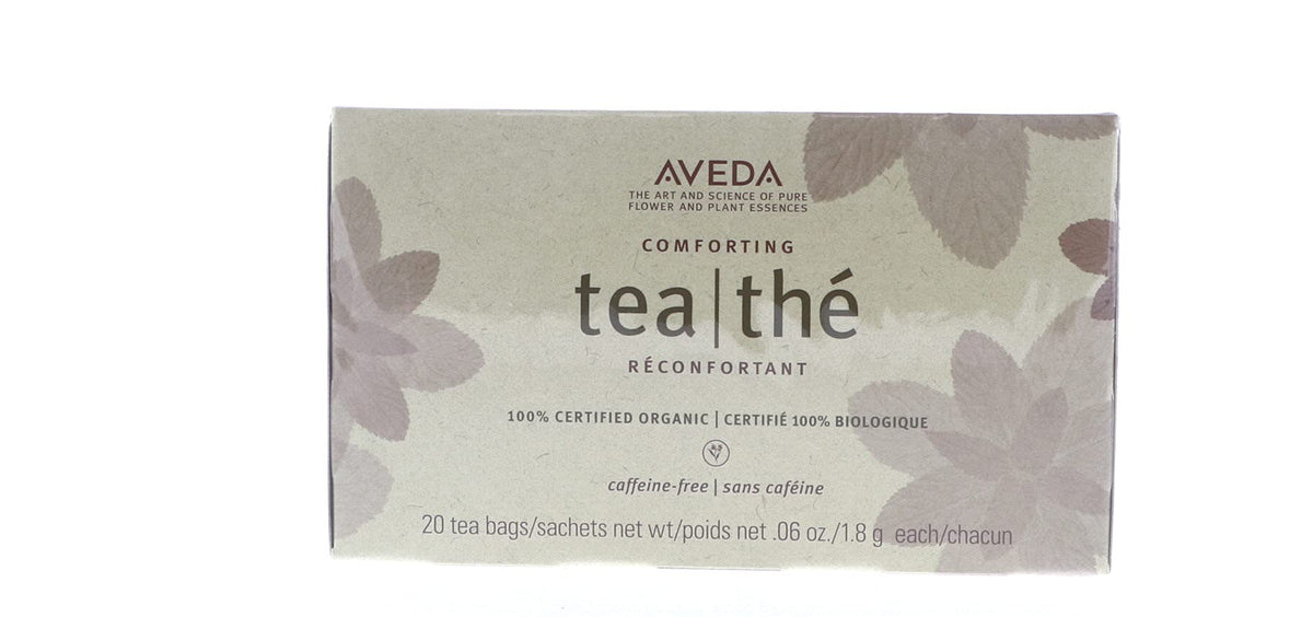 Aveda Comforting Tea Bags pack shot shows caffeine-free herbal blend
