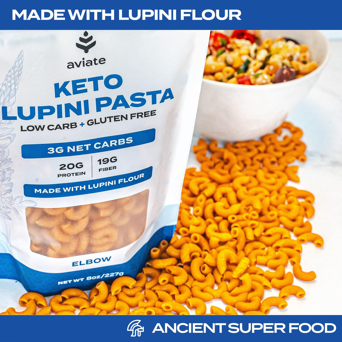 France grown Lupini beans used in Aviate pasta.