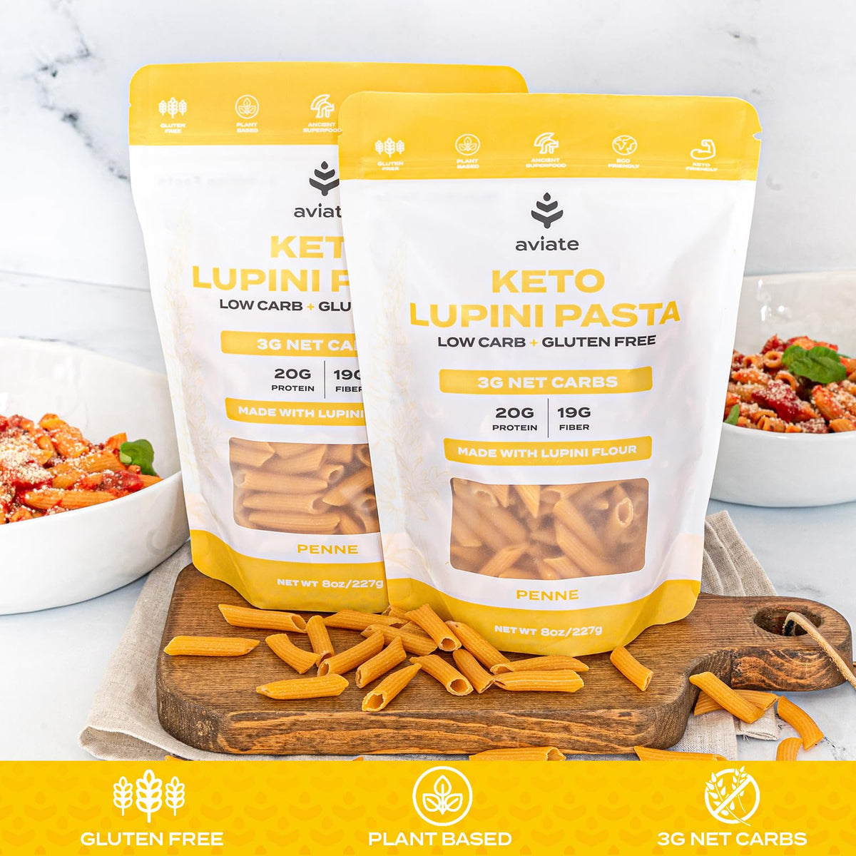 Aviate Keto Pasta Penne dry strands close-up ready for cooking.