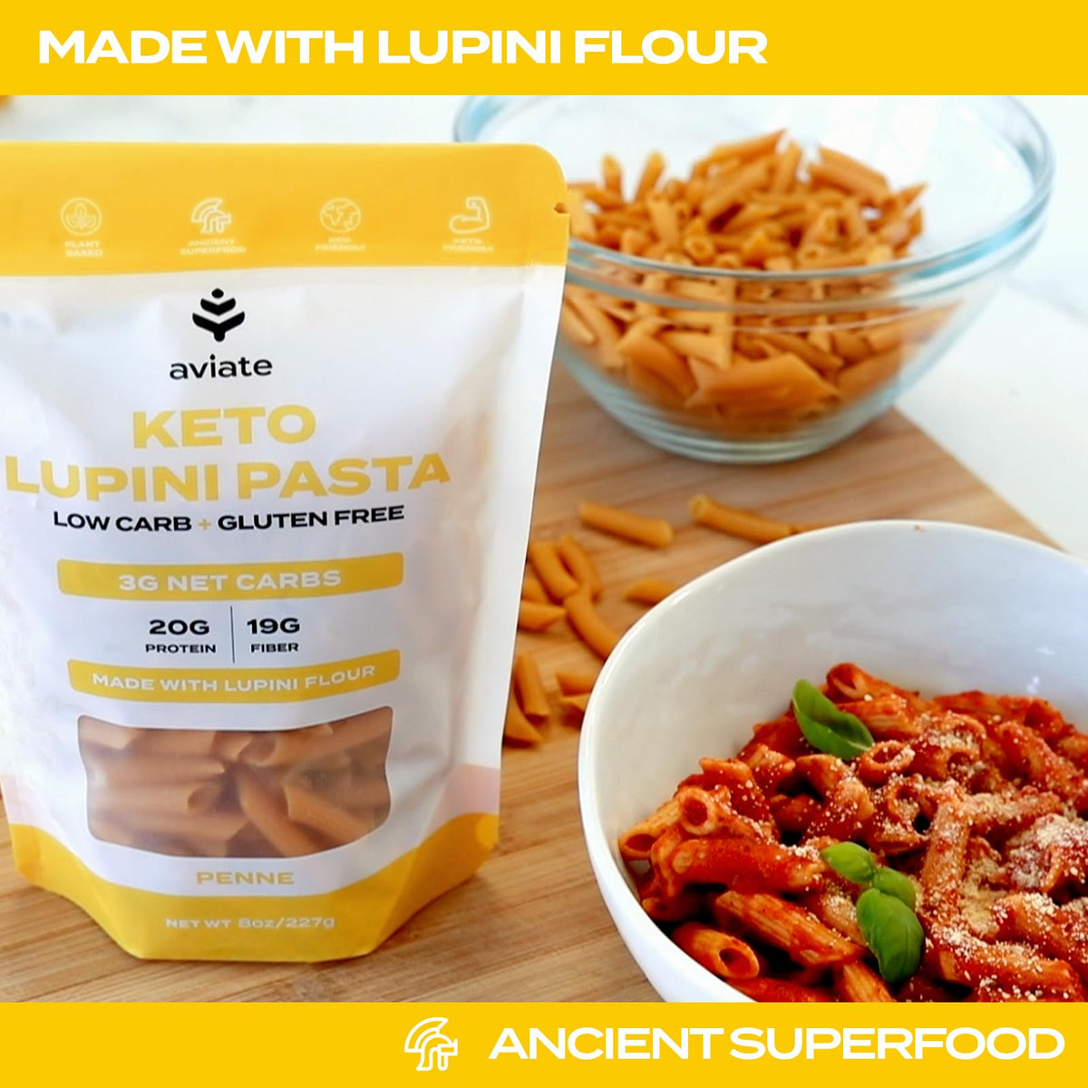Aviate Keto Pasta Penne gluten-free label on packaging.