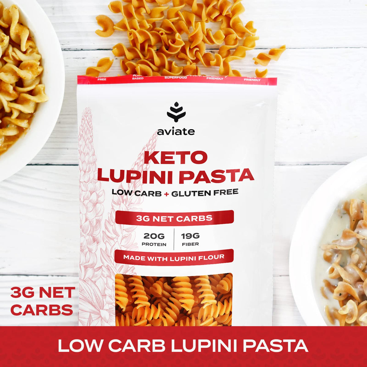 Aviate keto pasta rotini cooked pasta on plate showing chewy texture