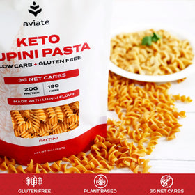 Aviate keto pasta rotini protein and fiber graphic for high-protein meals
