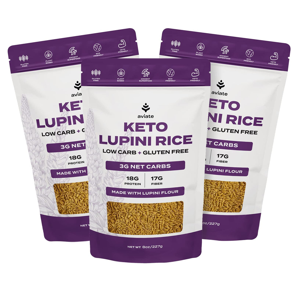 Aviate Keto Rice Orzo pack of 3 shown for keto-friendly lupini rice pasta