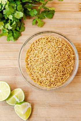 Plate showing high protein portion of Aviate Keto Rice Orzo