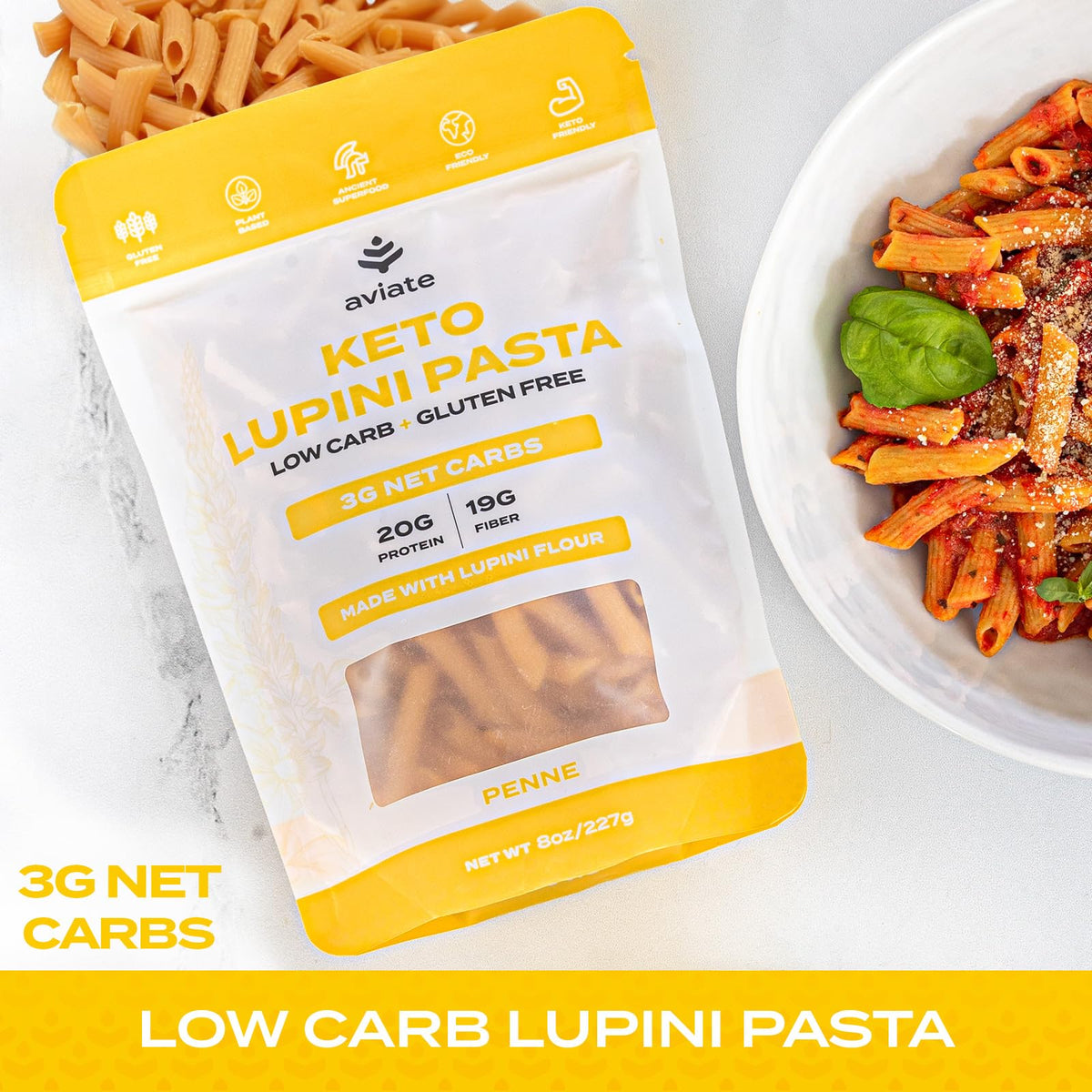 Aviate Lupini Flour bag highlighting ancient keto superfood in pasta.