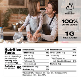 Aviate Lupini Flour in a kitchen scoop showcases low-carb, plant-based versatility.