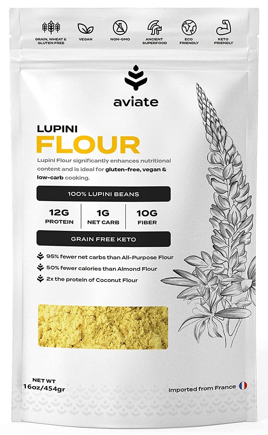 Aviate Lupini Flour packaging close-up highlighting gluten-free, high-protein baking.