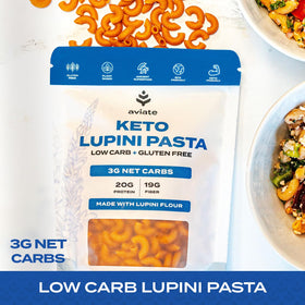 Protein-rich pasta plate highlighting 20g protein per serving.