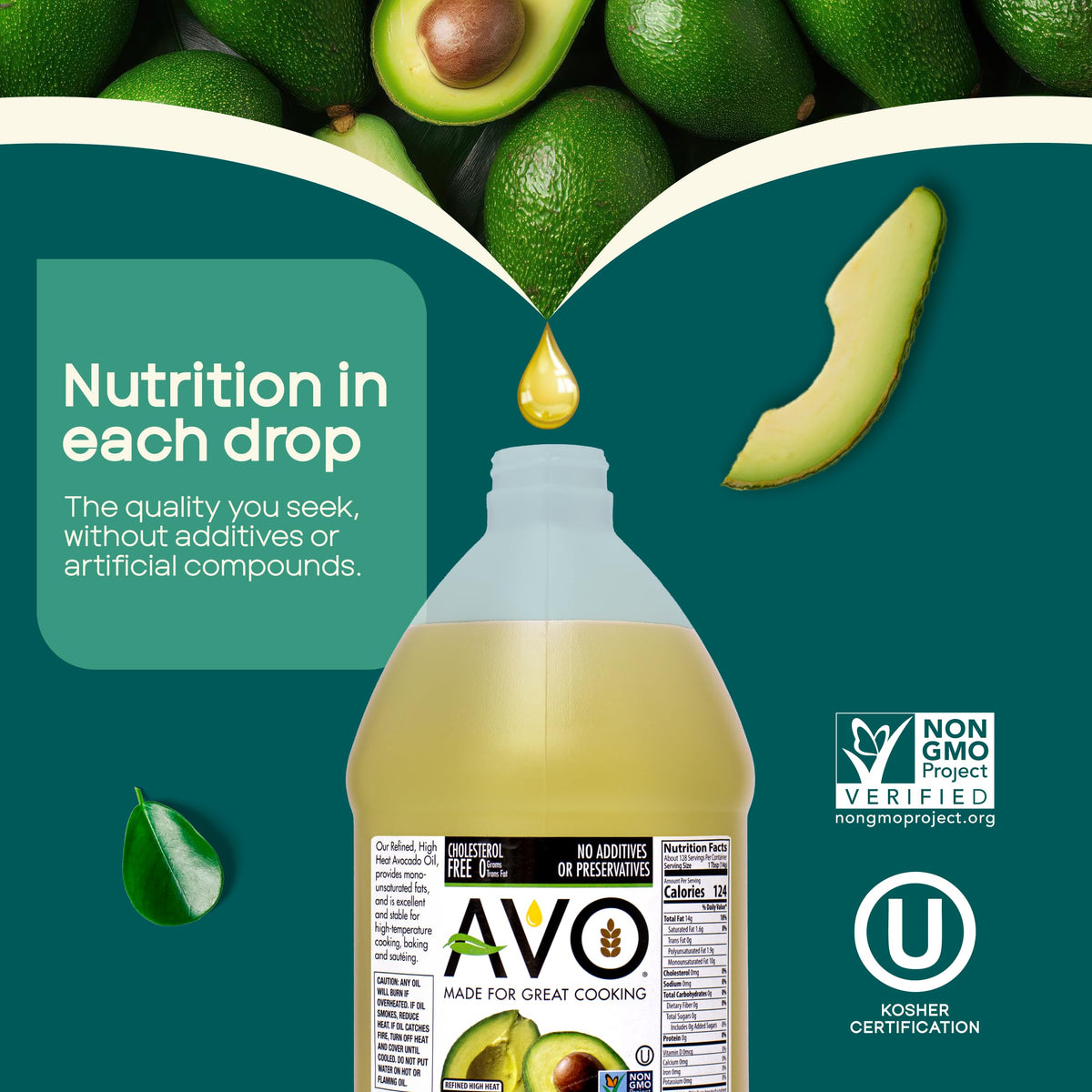 AVO avocado oil salad dressing highlights smooth, neutral oil over greens.