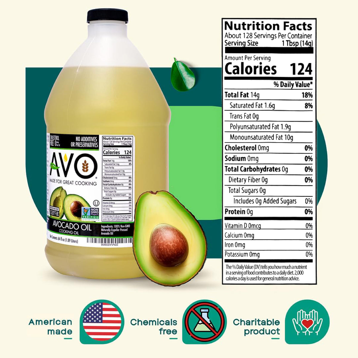 AVO avocado oil US packaging communicates quality and domestic production.