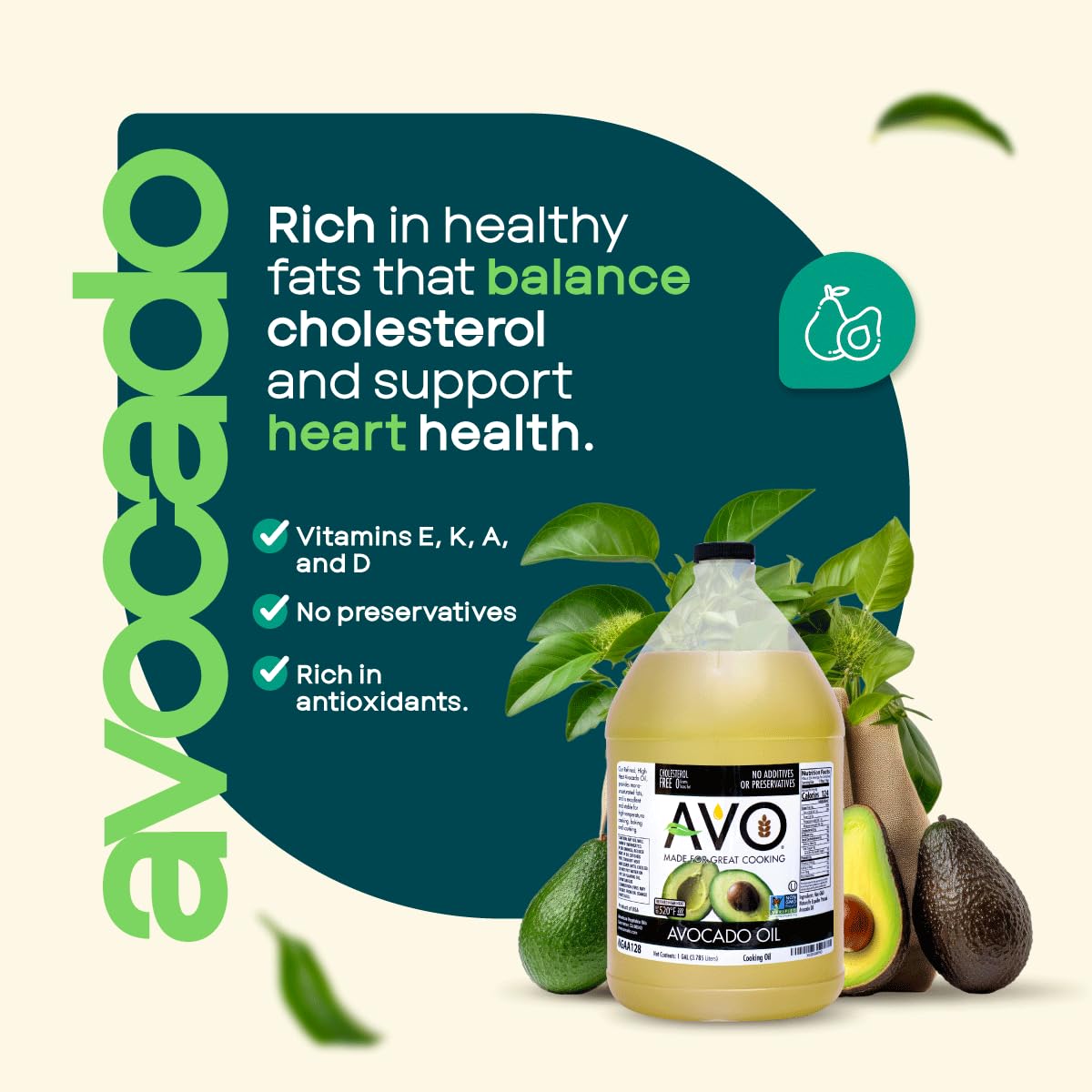 AVO Avocado Oil label closeup showing non-GMO and kosher status.