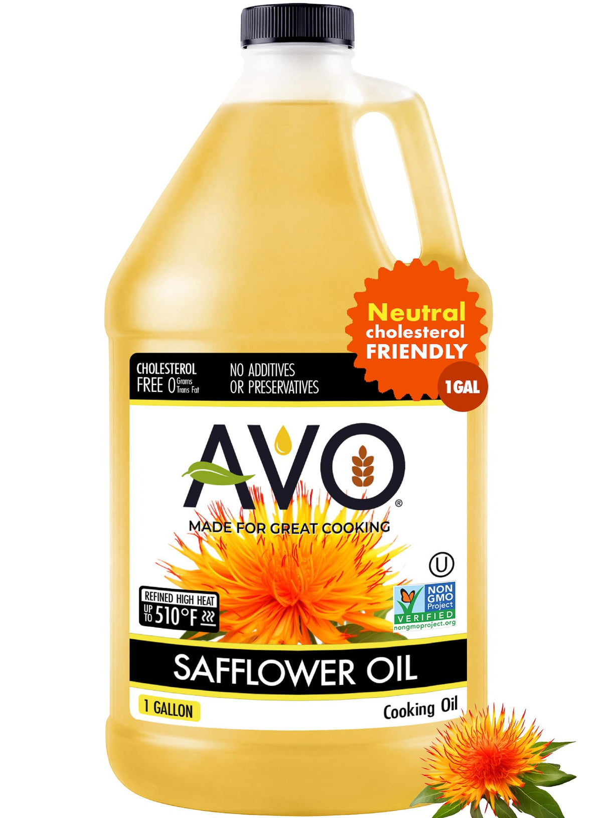 AVO bulk safflower oil 1 gal packaging for large-scale cooking.