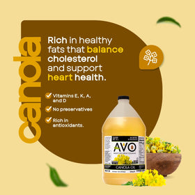 AVO canola oil gallon with label highlighting Non-GMO and US origin.