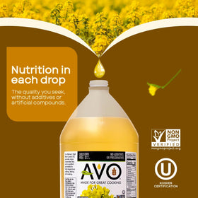 AVO canola oil heats evenly for searing in a hot pan.