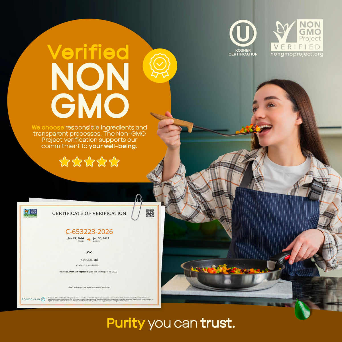 AVO canola oil bottle badge shows Non-GMO verification.