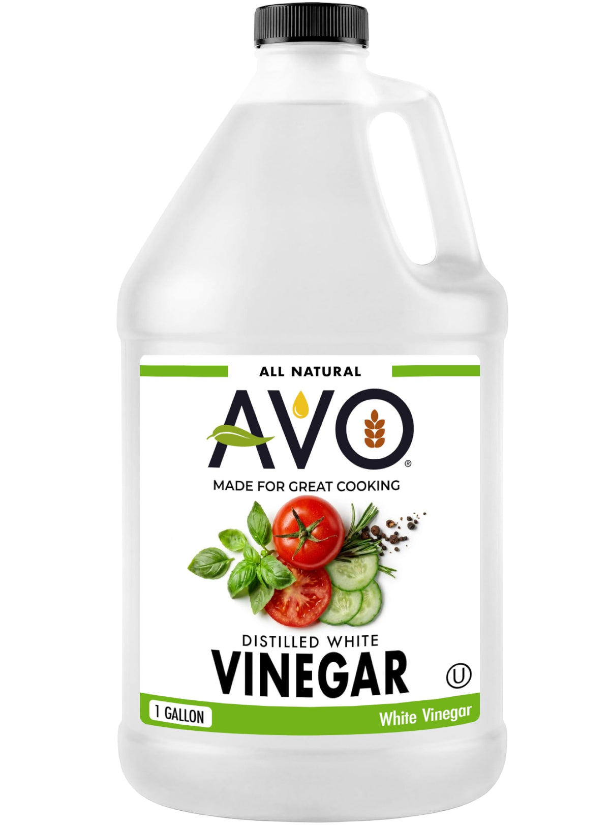 AVO distilled white vinegar bottle, 1 gallon, versatile for cooking and cleaning.