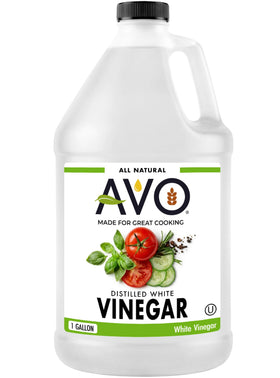 AVO distilled white vinegar bottle, 1 gallon, versatile for cooking and cleaning.