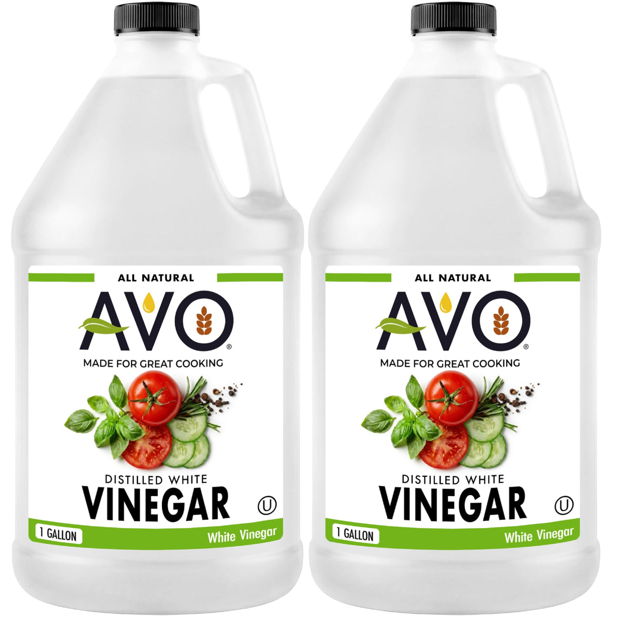 AVO distilled white vinegar 1-gallon bottle on shelf for cooking and cleaning.