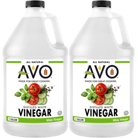 AVO distilled white vinegar 1-gallon bottle on shelf for cooking and cleaning.