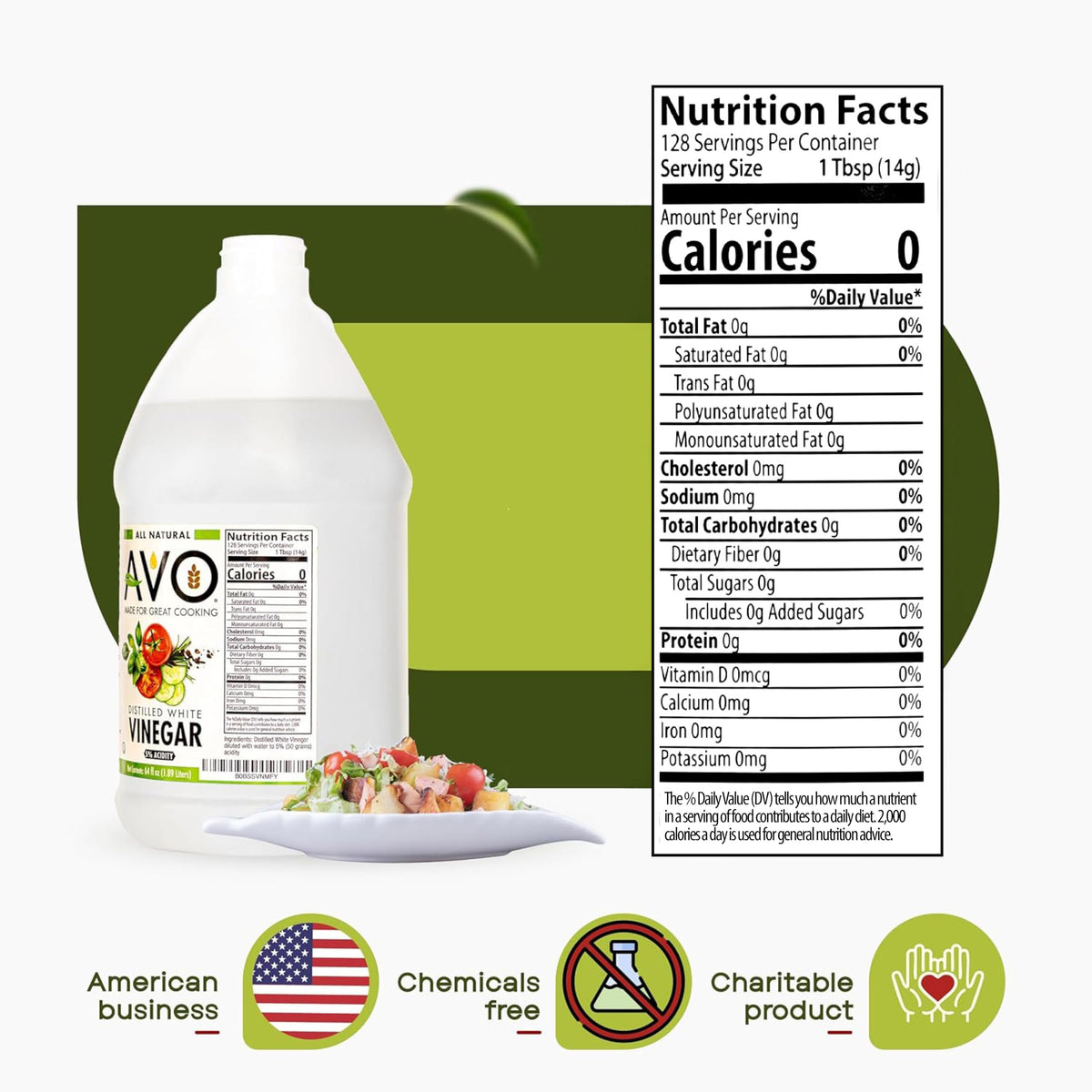 AVO distilled white vinegar used in cooking applications for marinades and dressings.