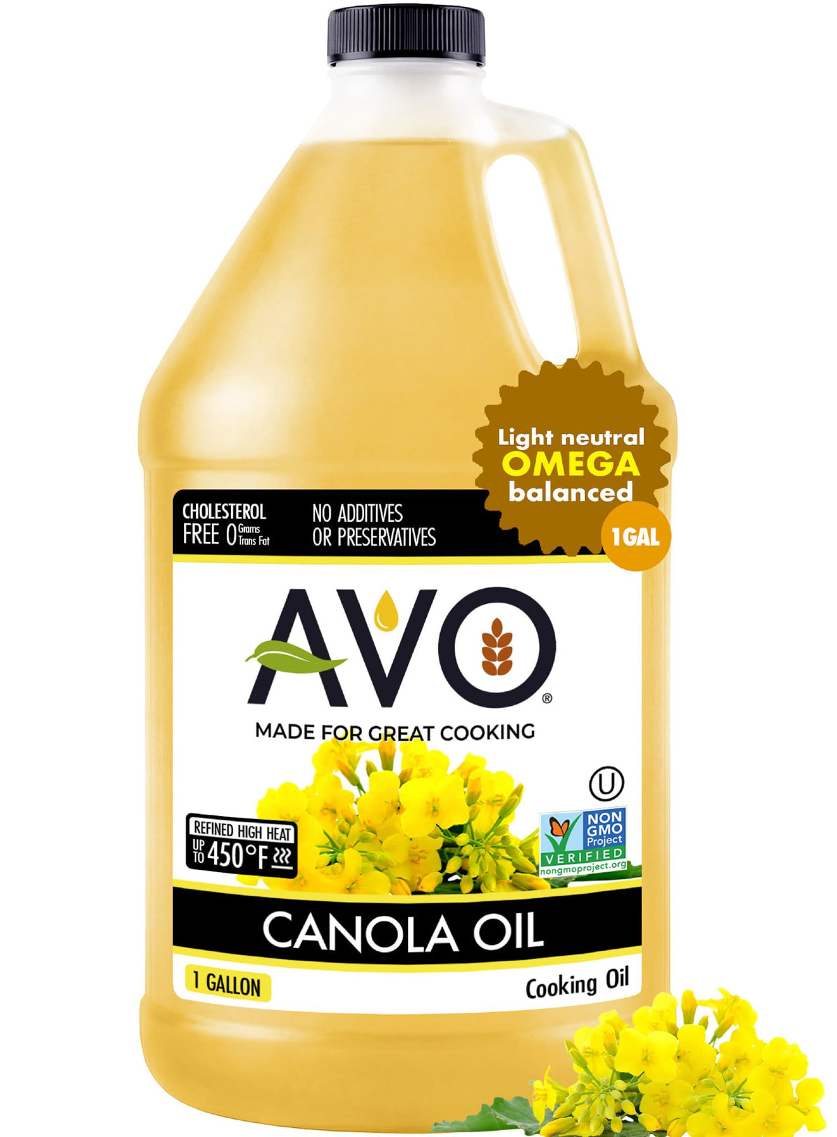 AVO expeller pressed canola oil bottle for high-heat cooking.