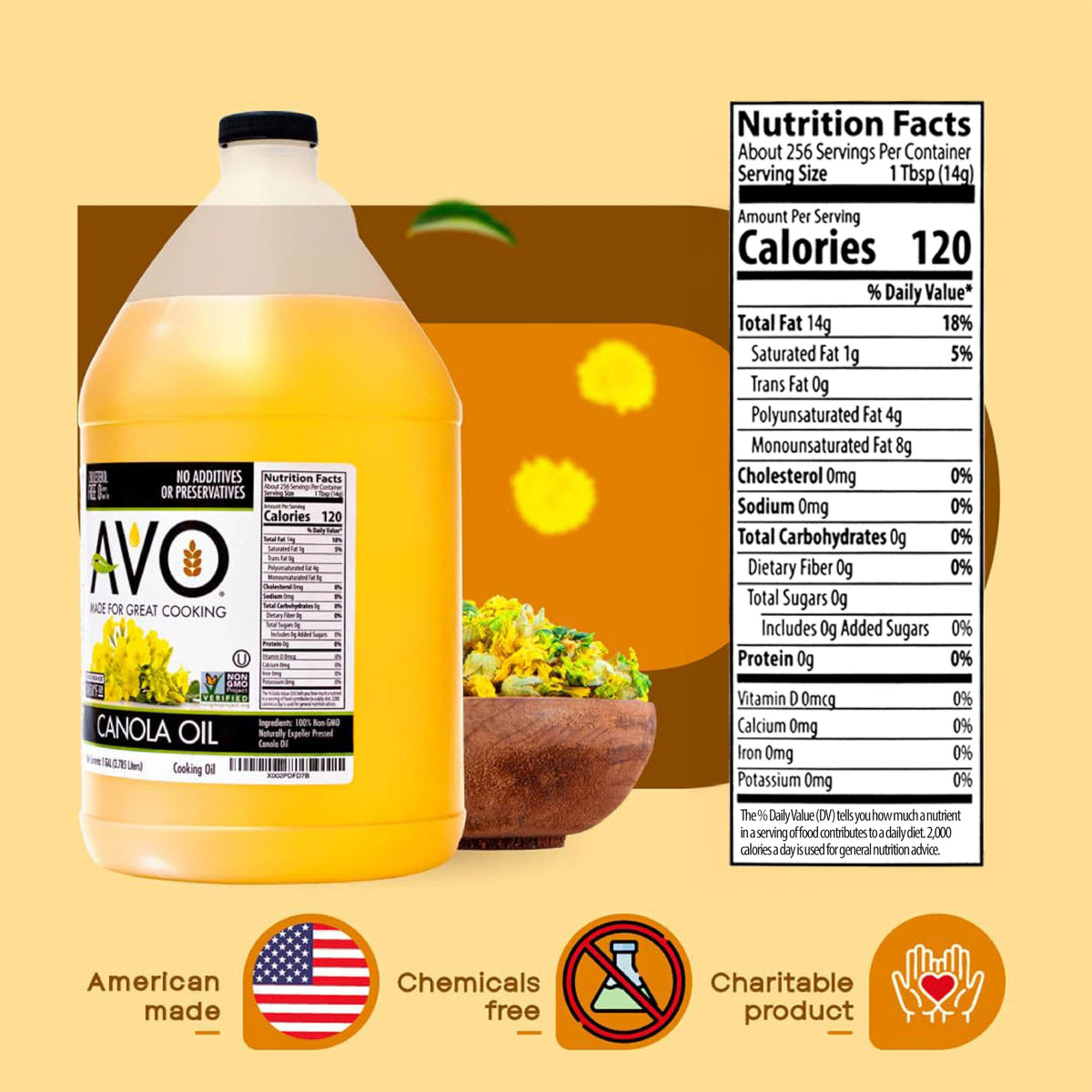 AVO expeller pressed canola oil pour spout ideal for frying and sautéing.