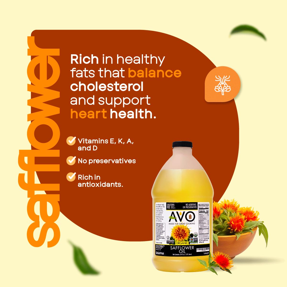 AVO high-oleic safflower oil ingredients card emphasizes purity.