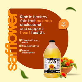 AVO high-oleic safflower oil ingredients card emphasizes purity.