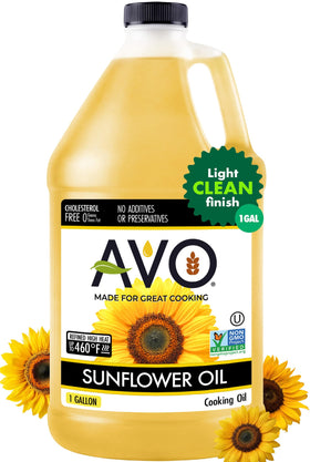 AVO High-Oleic Sunflower Oil bottle pour highlighting high-heat cooking.