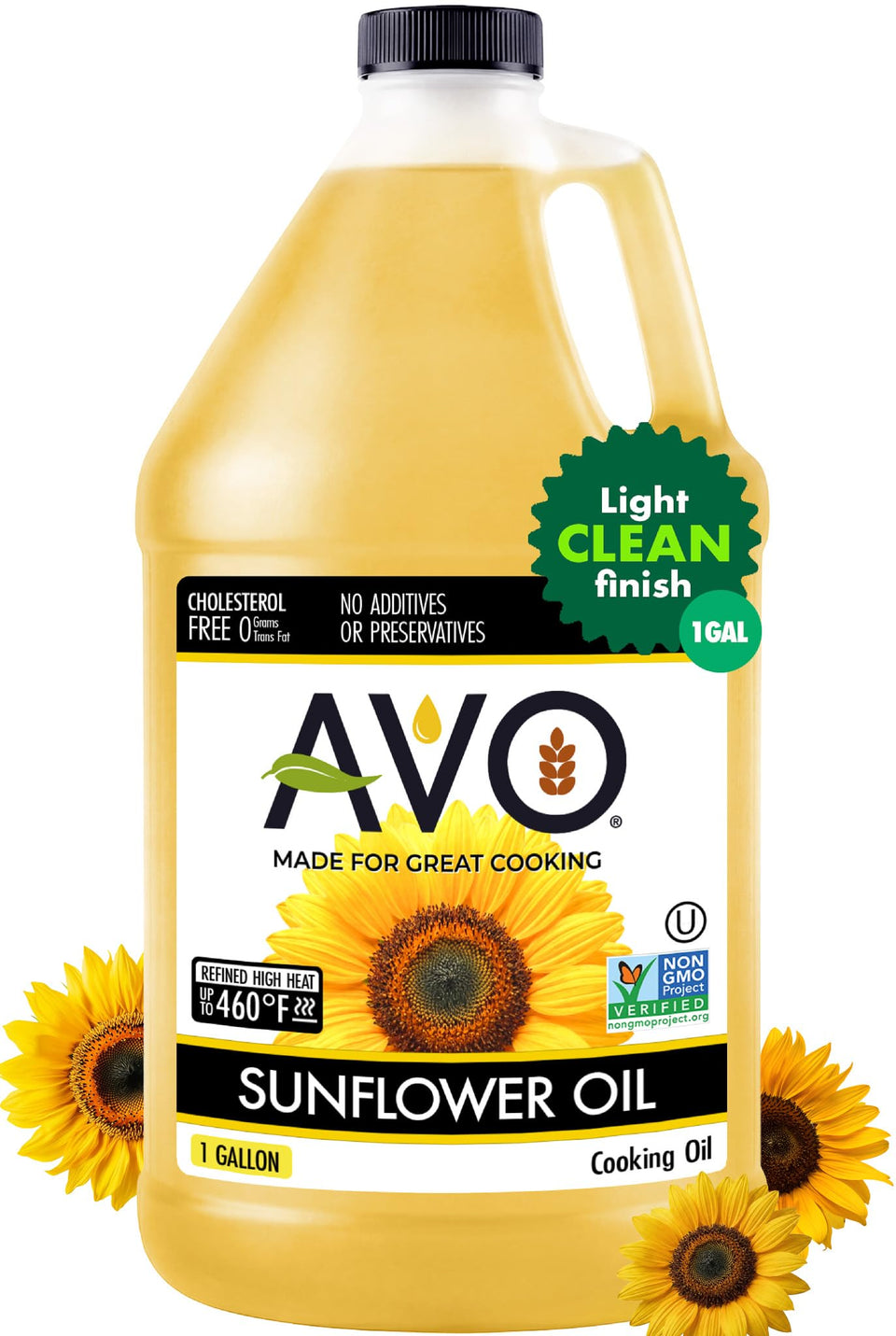AVO High-Oleic Sunflower Oil bottle pour highlighting high-heat cooking.