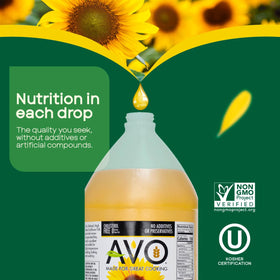 AVO High-Oleic Sunflower Oil frying pan scene demonstrating versatility.