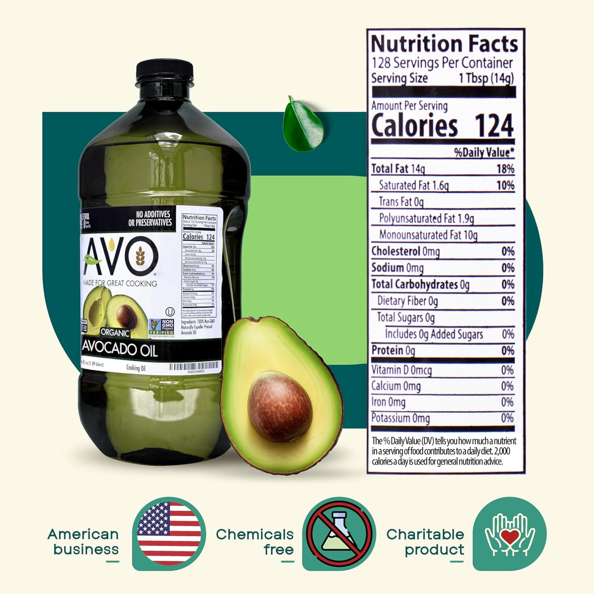 AVO Organic Avocado Oil proudly produced in the USA