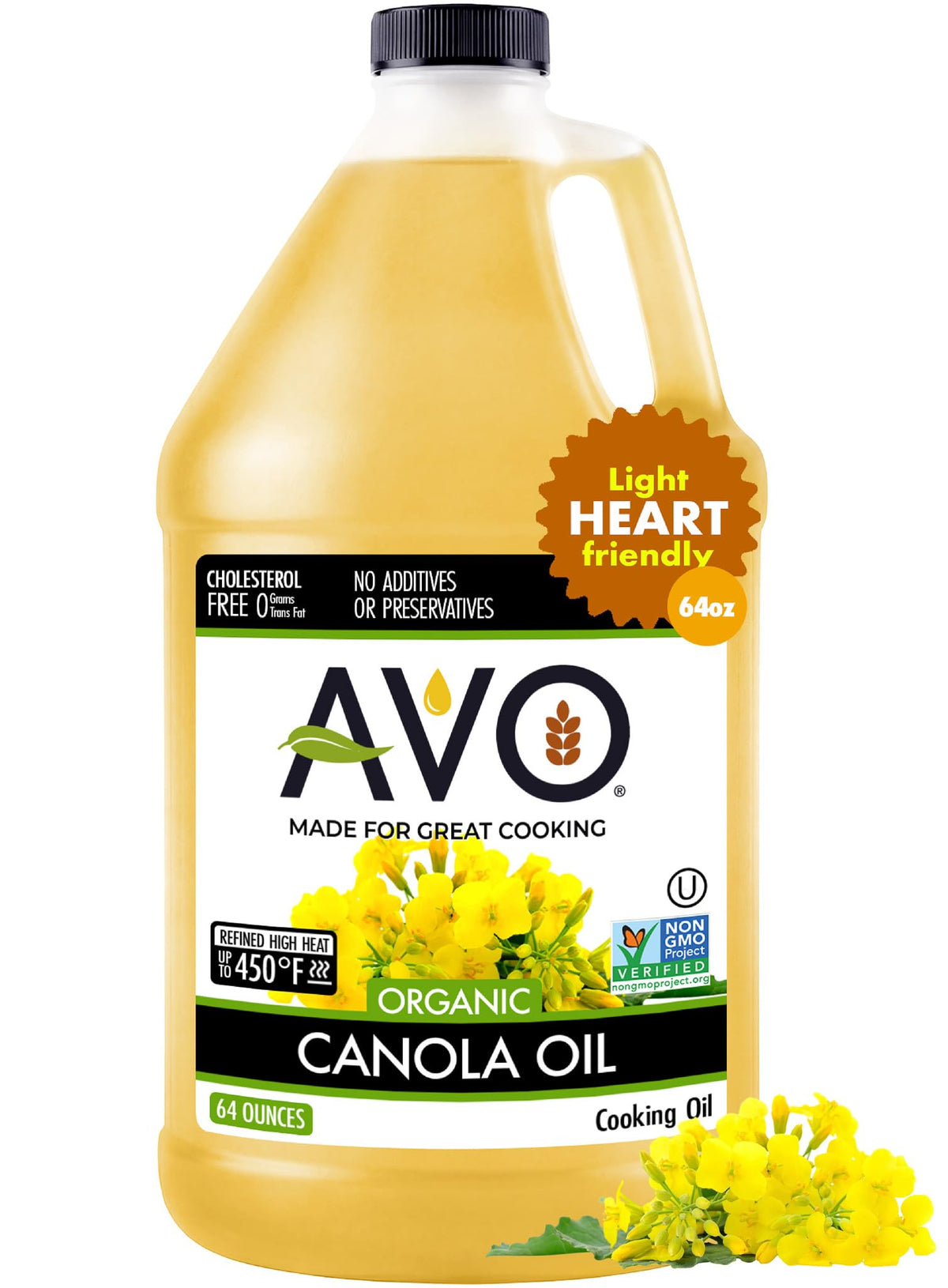 AVO Organic Canola Oil bottle pour—ideal for high-heat frying and sautéing.